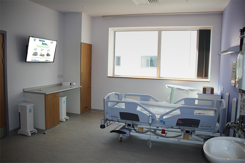 Large screen TVs, installed with CompanionWave patient engagement on all the single bedded rooms